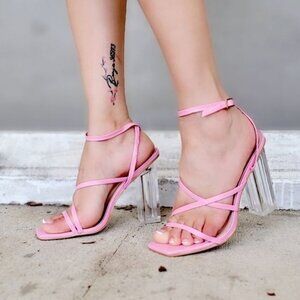 Women Square Toe Clear Block High Heel Sandals Pink Color
